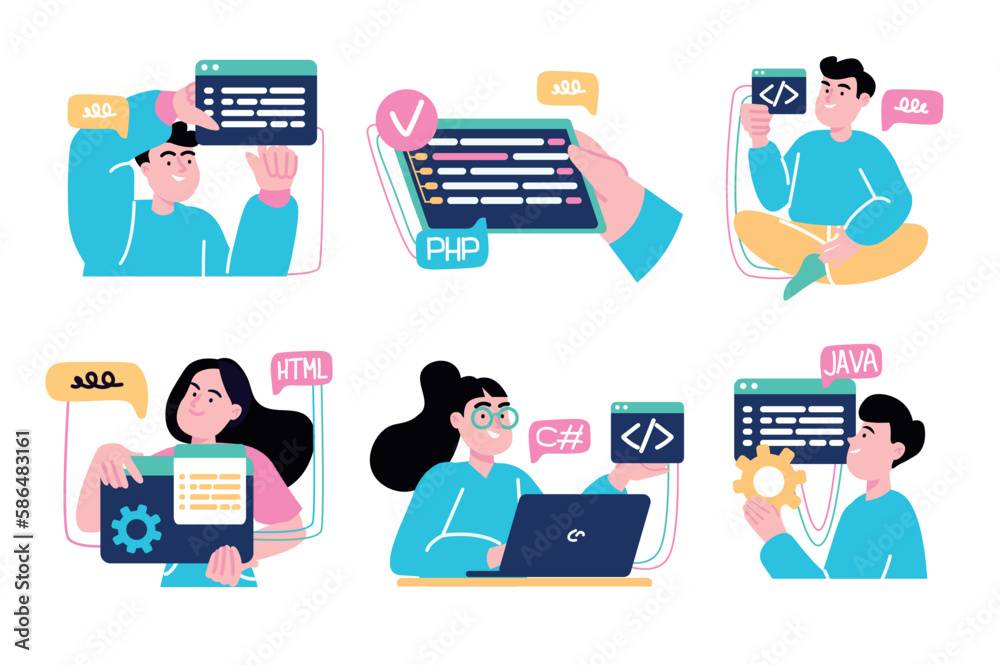 Poster programming concept with character situations collection. vector illustrations