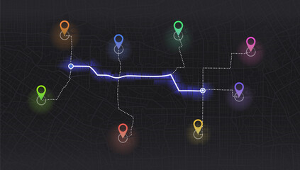 Fototapeta premium GPS map. City street road. Abstract transportation. City top view. Hi-tech vector background. route distance data, path turns and destination tag or mark