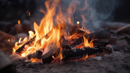 Bonfire burning down in the forest autumn, flame sticks and coals in fire close up on sand beach in the evening night. Generative ai