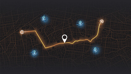 Location tracks dashboard. City street road. City streets and blocks, route distance data, path turns and destination tag or mark. Huge city top view.
