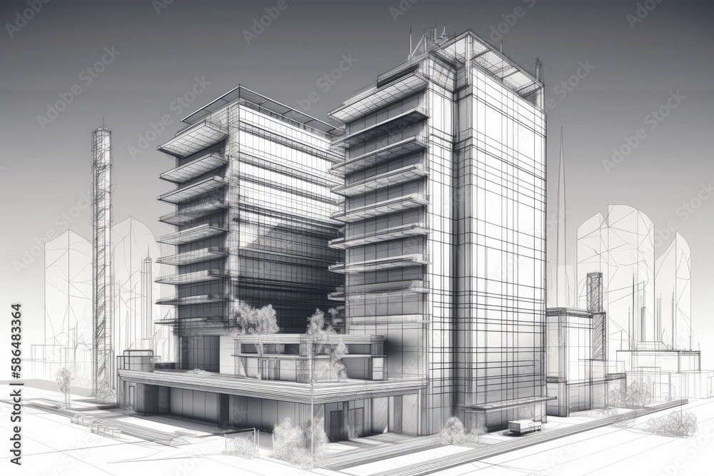 Wall mural modern skyscraper with a facade filled with numerous windows. generative ai