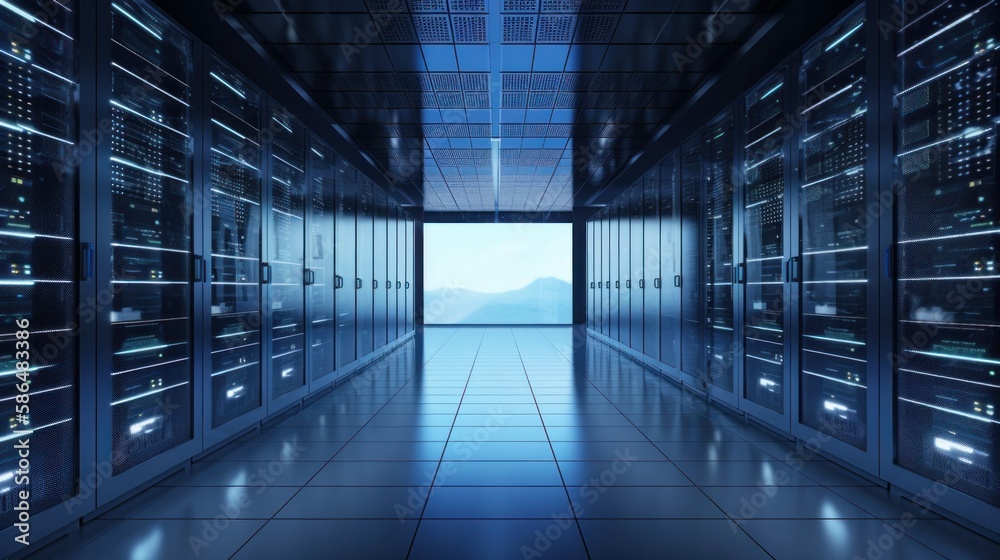 Aufkleber network and internet communication technology concept, data center interior, server racks with telec