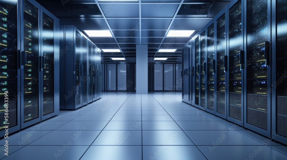 Aufkleber network and internet communication technology concept, data center interior, server racks with telec