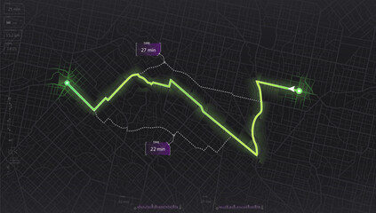 GPS map. City street road. Abstract transportation. City top view. Hi-tech vector background. route distance data, path turns and destination tag or mark