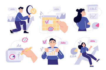 Business analysis concept with character situations collection. Vector illustrations