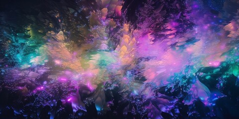Fototapeta na wymiar Schöner Hintergrund mit irisierenden Farben im Querformat, Regenbogen Farben und flüssige Formen. AI Generativ