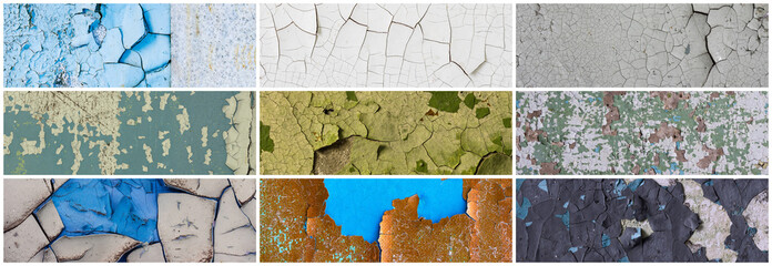 Set of peeling paint textures. Old concrete walls with cracked flaking paint. Weathered rough painted surfaces with patterns of cracks and peeling. Collection of wide panoramic backgrounds for design.