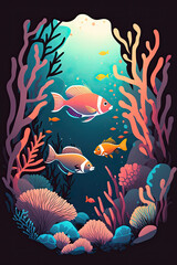 Fototapeta na wymiar Underwater - Minimalistic flat design landscape illustration. Image for a wallpaper, background, postcard or poster - Generative AI