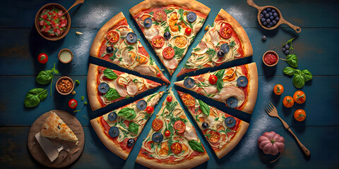 Obraz na płótnie Canvas Overhead view of a pizza on a dark background - Generative AI
