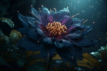 Fototapeta na wymiar Otherworldly beautiful blooming flower with magical glow and impossibly vibrant color hues, alien planet exotic and imaginative flora - generative AI illustration