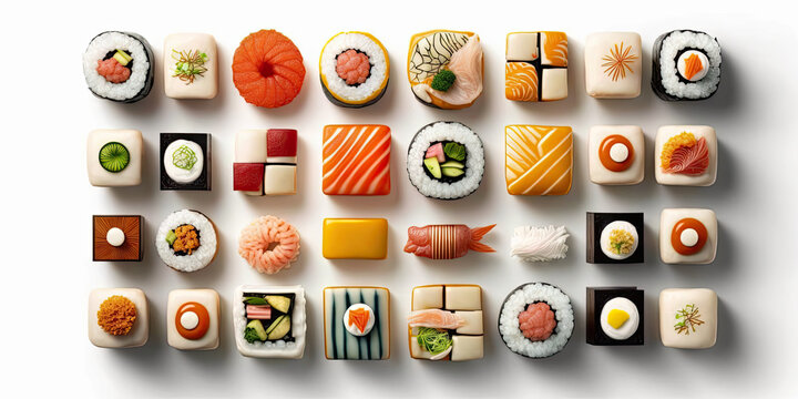 Japanese sushi food. Maki ands rolls with tuna, salmon, shrimp, crab and avocado. Top view of assorted sushi, all you can eat menu. Rainbow sushi roll, uramaki, hosomaki and nigiri - Generative AI