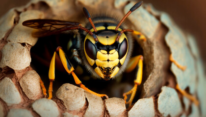 Close-up of a hornet around their nest, generative ai - obrazy, fototapety, plakaty