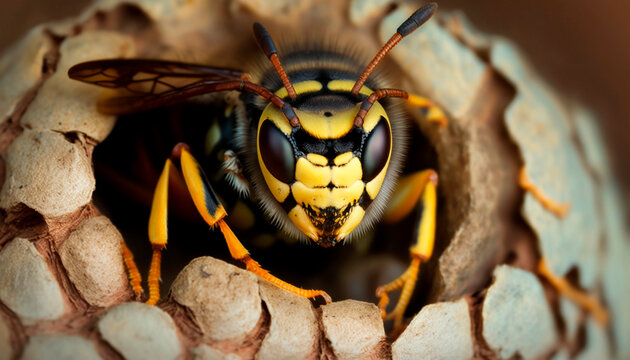 Close-up of a hornet around their nest, generative ai