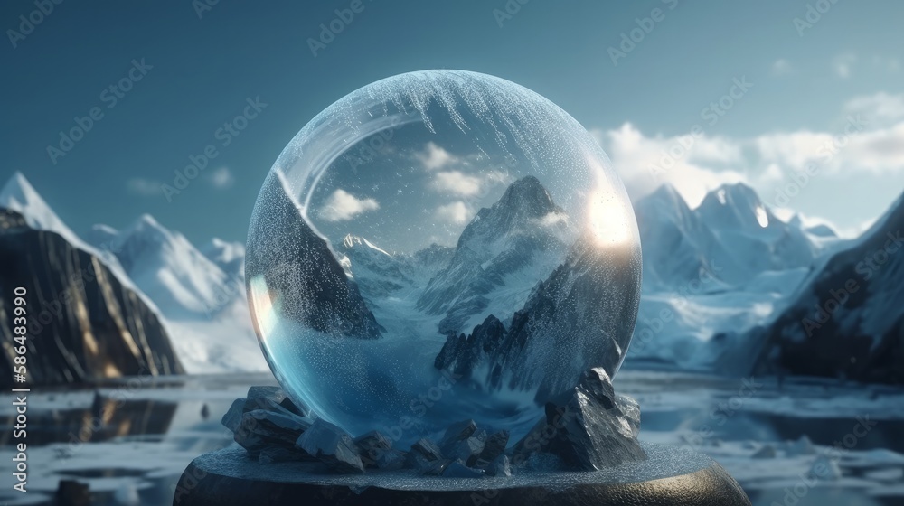 Poster magic snow globe planet glacier in winter. generative ai