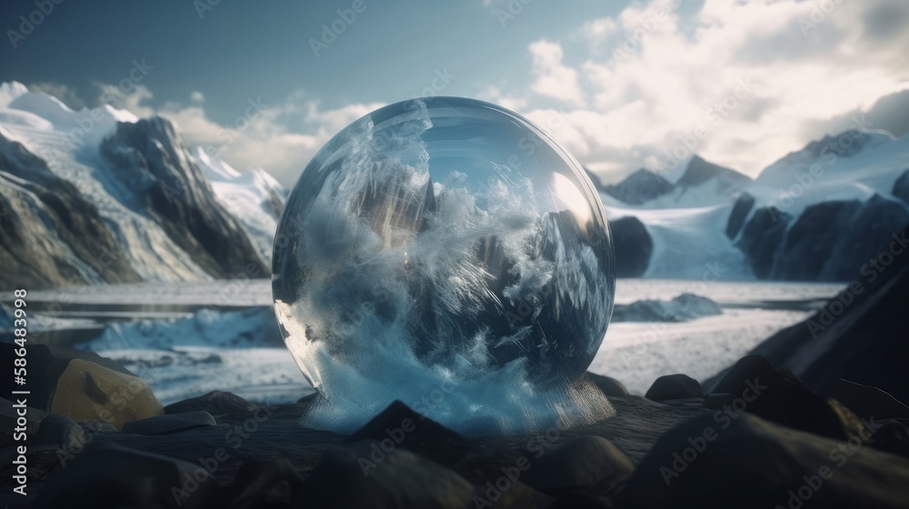 Poster magic snow globe planet glacier in winter. generative ai