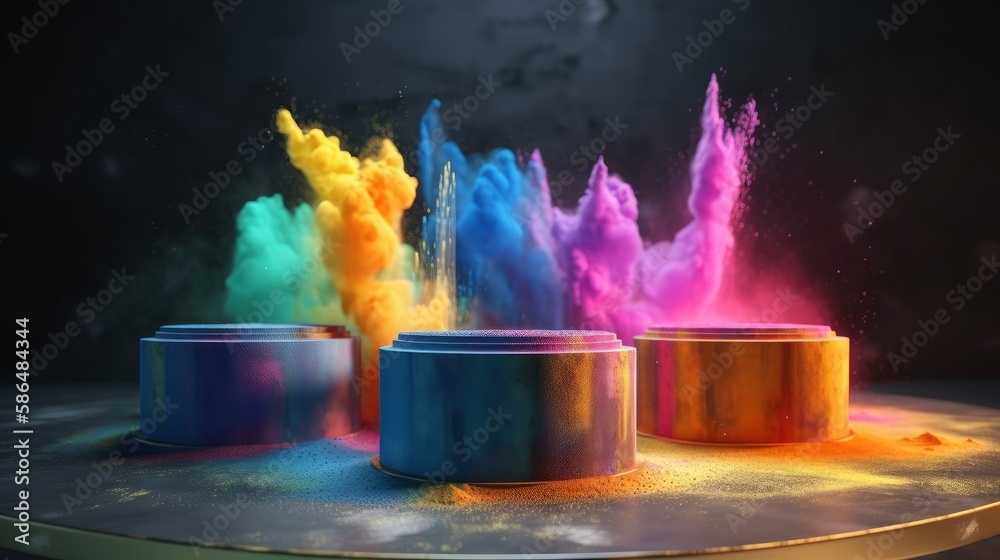 Poster product display podium with colorful powder paint explosion. generative ai