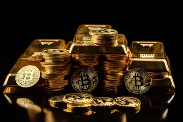 Gold bitcoin coins with gold bars on black background, Generative AI.