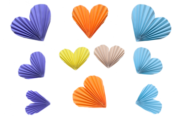 Multicolored paper accordion hearts on a transparent background. Spring inspiration and decoration for your collage, artwork.