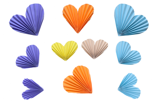 Multicolored paper accordion hearts on a transparent background. Spring inspiration and decoration for your collage, artwork.