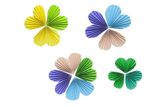 Paper accordion hearts arranged in a clover shape on a transparent background. An element of your collage, a work of art.
