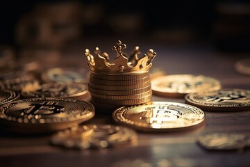 Gold bitcoin coin with crown on black background and scattered cryptocurrency coins, Generative AI.