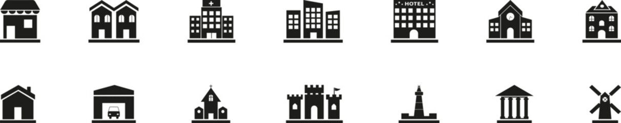 Building icon. Set of building icons on white background.