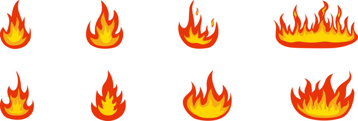 Fire icon set. Flame symbol. Cartoon campfire.