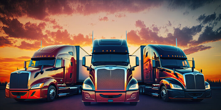 Semi-trailer trucks parked at sunset sky - Generative AI