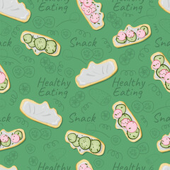 Healthy eating seamless pattern with sandwiches with radish, cucumber, spring onion, cream cheese on green background. Outline slices of cucumber, radish and text Snack, Healthy Eating.