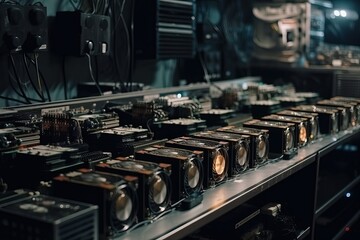Fototapeta na wymiar Cryptocurrency mining farms, video cards are on the shelves for mining, Generative AI.