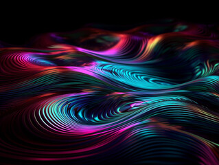 Shiny liquid wave in motion background for banner. Abstract pink blue black hologram glow fluid backdrop. Generative AI