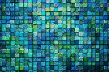 detailed view of a mosaic tile wall with shades of blue and green. Generative AI