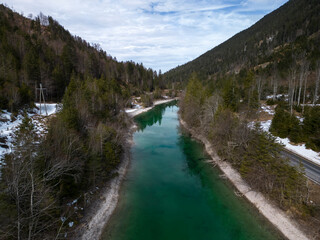Fototapeta na wymiar Lake Plansee by winter, Tyrol, Austria. Drone photo