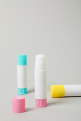 Concept of different office stationery with glue
