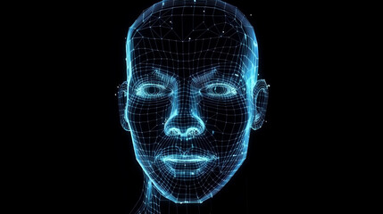 Abstract digital human face. Artificial intelligence concept of big data or cyber security. Generative AI.