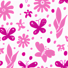 Cute pink artistic flowers and butterflies pattern. Modern graphic style print