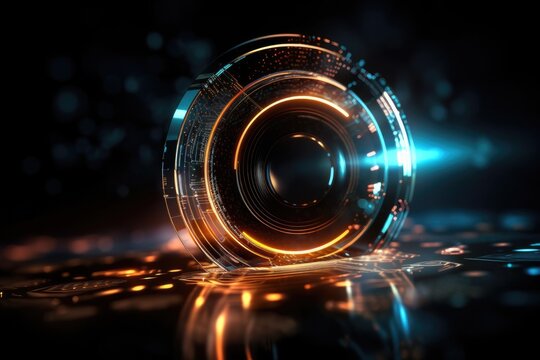 camera lens on a black background. Generative AI