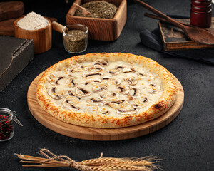 Freshly baked gourmet pizza with mushrooms and cheese