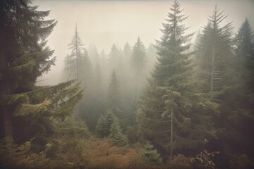 Misty landscape with dense fir forest in vintage retro style, Generative AI.