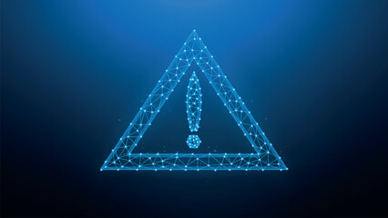 Polygonal vector illustration attention or warning symbol on a dark blue background.