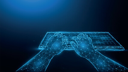 Polygonal vector illustration of hands and computer keyboard on a dark blue background.