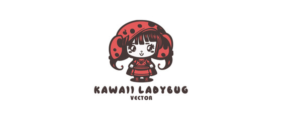 Vector cute pretty young ladybug kawaii girl. Logo, sticker or icon. White isolated background.