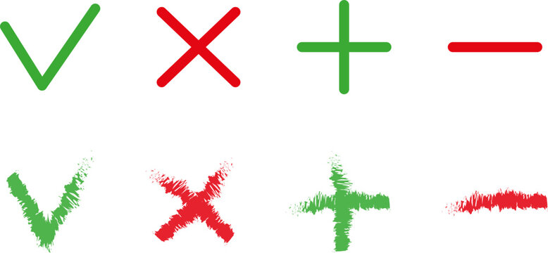 Green check and red cross mark set. Yes, no, vote drawn illustration.