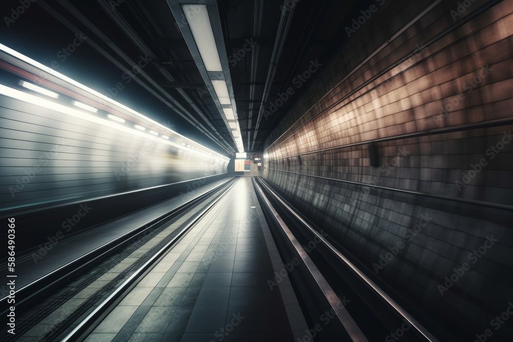 Poster fast underground train riding in a tunnel of the modern city. generative ai