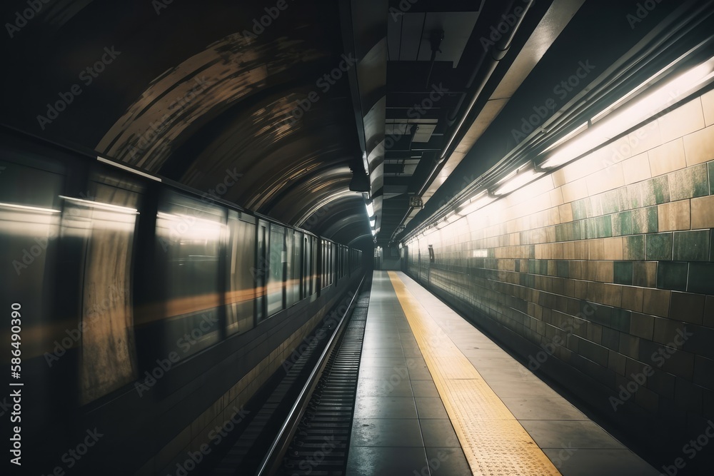 Poster fast underground train riding in a tunnel of the modern city. generative ai