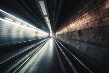 Fast underground train riding in a tunnel of the modern city. Generative ai