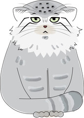 前足にしっぽを巻き付けてお座りしているマヌルネコのイラスト