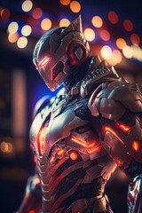 very realistic detailed intricate looking ultraman wearing vibranium armor suit with blurred neon lights at night on background, Generate Ai