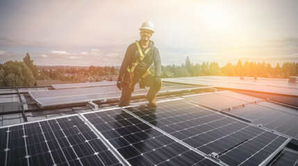 Solar expert installing green energy panels for sustainable living captured candidly on a roof. Generative AI