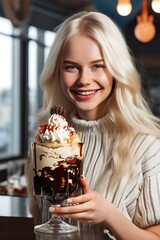 A Coupe Denmark sundae served by a pretty young woman, Generative AI